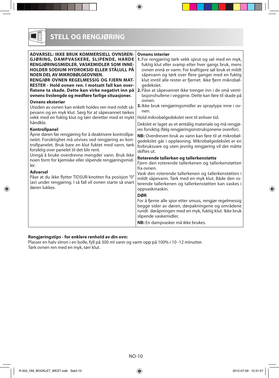 Stell og rengjøring | Sharp R-200BKW User Manual | Page 92 / 116