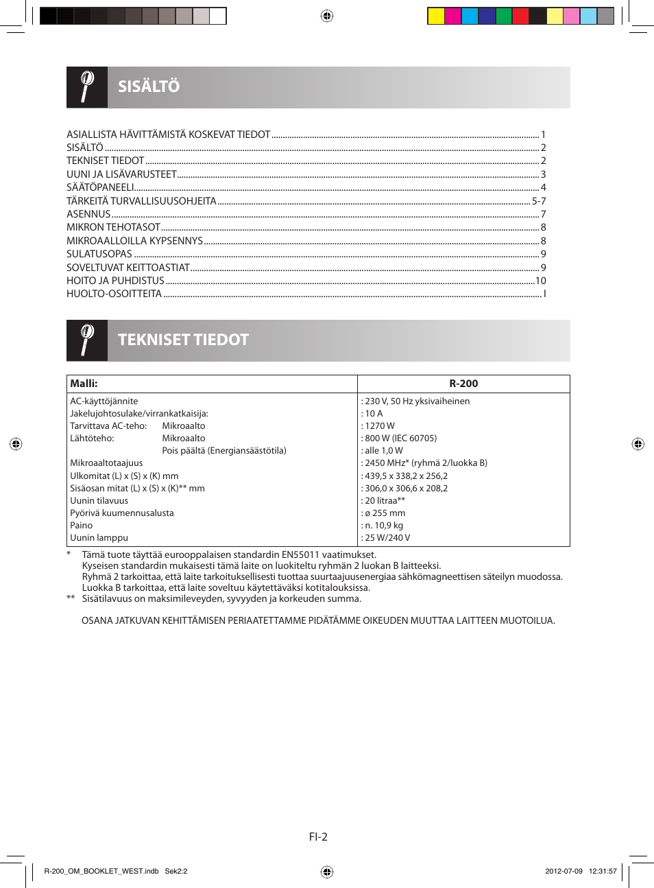 Tekniset tiedot sisältö | Sharp R-200BKW User Manual | Page 94 / 116