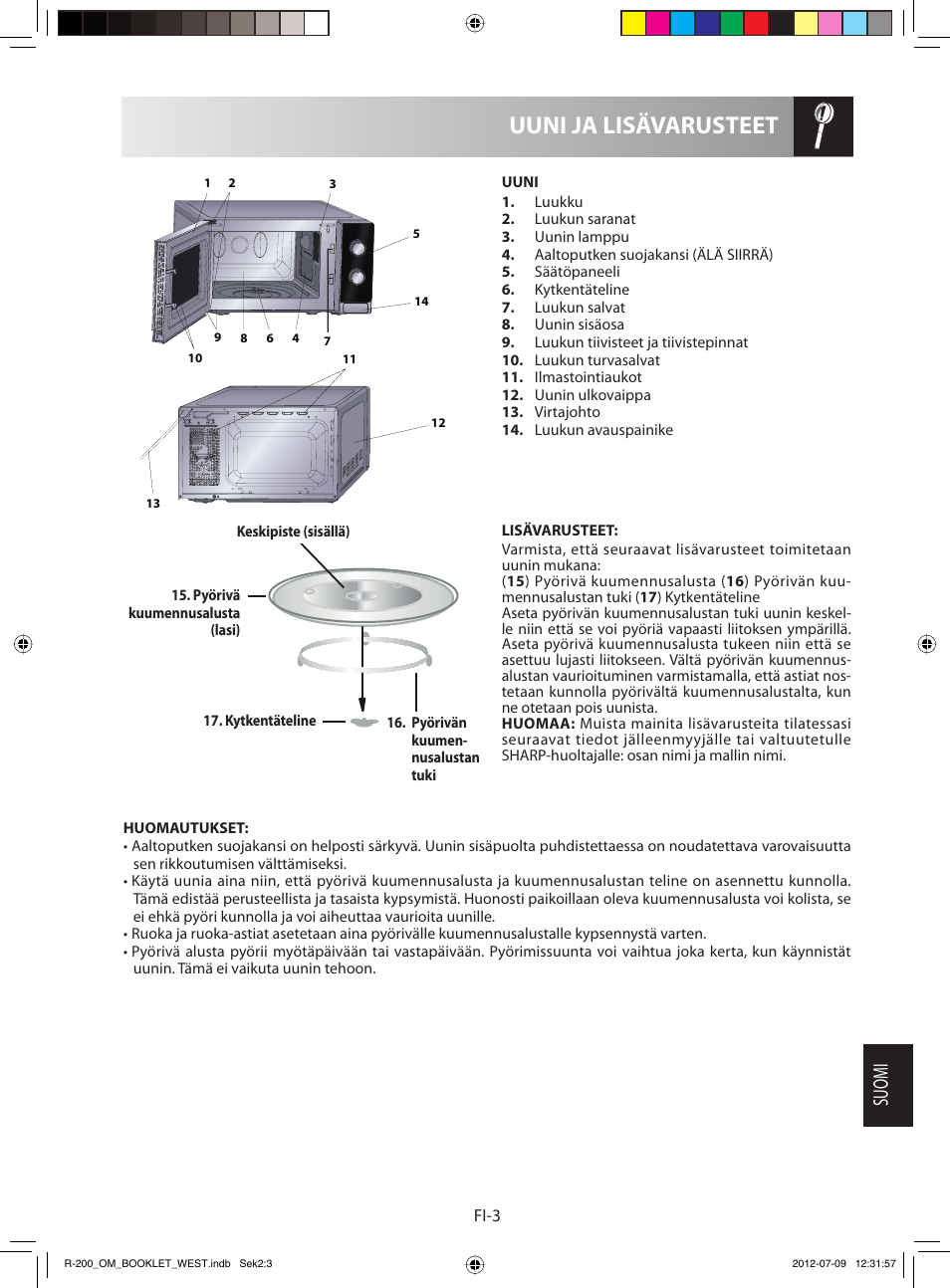 Uuni ja lisävarusteet, Suomi | Sharp R-200BKW User Manual | Page 95 / 116
