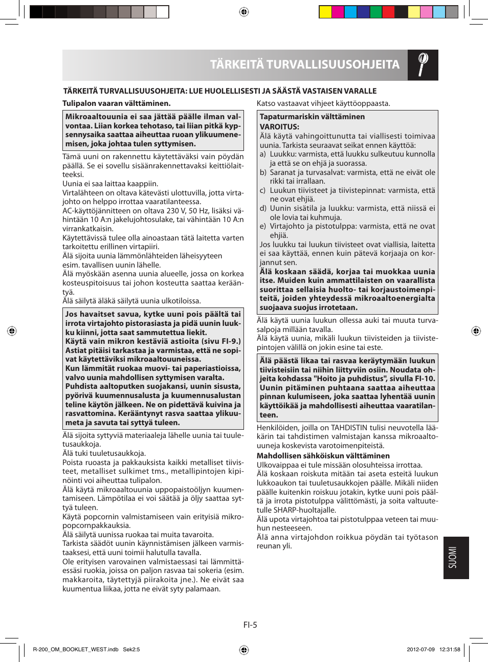 Tärkeitä turvallisuusohjeita, Suomi | Sharp R-200BKW User Manual | Page 97 / 116