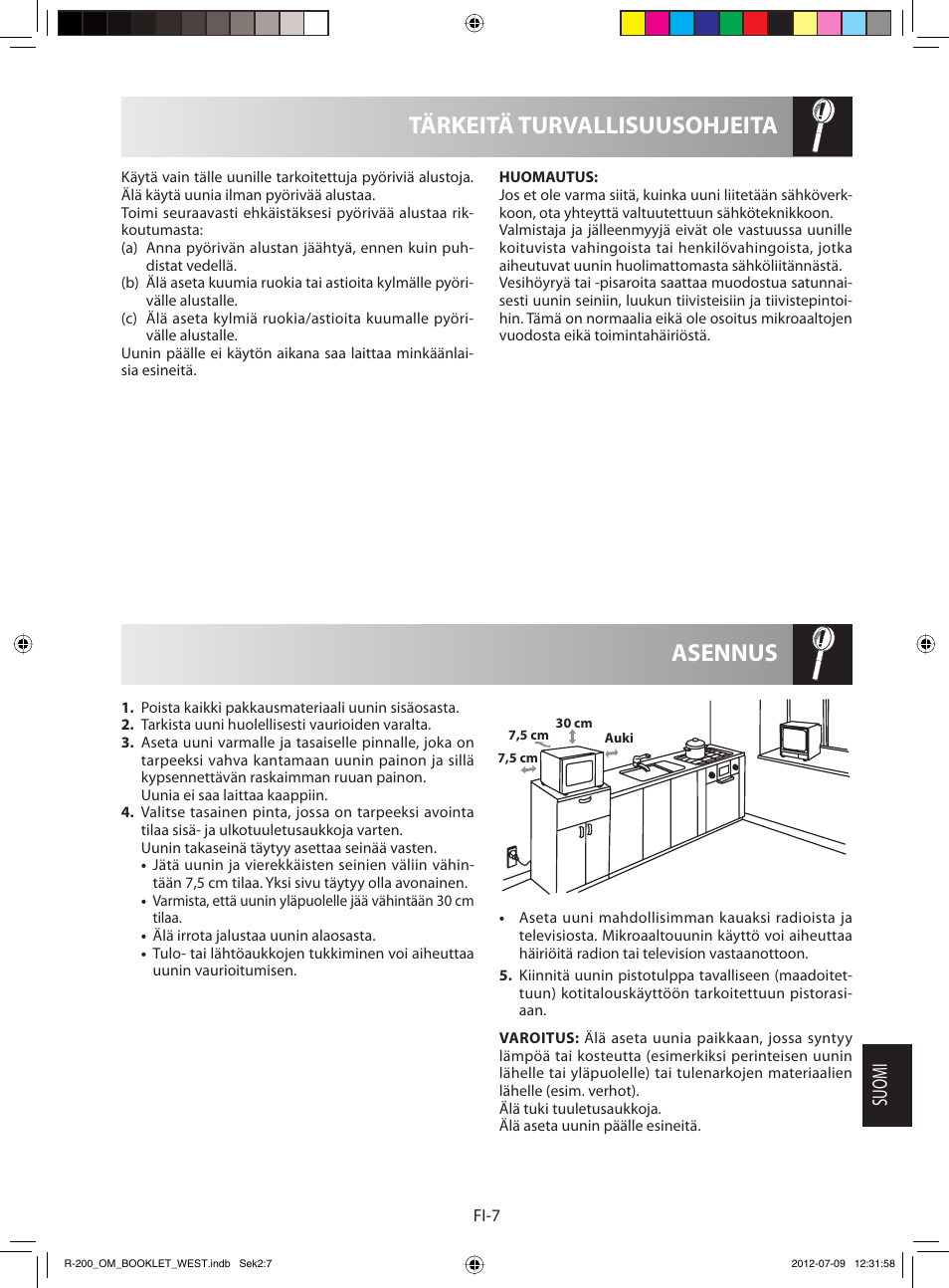 Asennus tärkeitä turvallisuusohjeita, Suomi | Sharp R-200BKW User Manual | Page 99 / 116