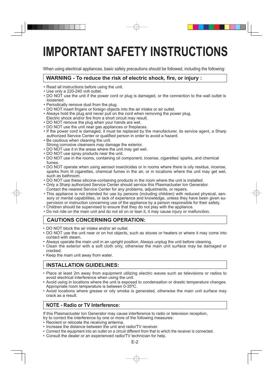 Important safety instructions, Cautions concerning operation, Installation guidelines | Sharp IG-A40E-W User Manual | Page 18 / 104
