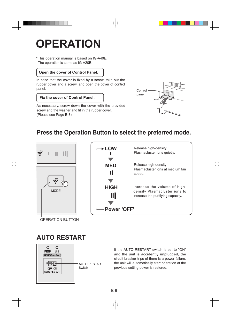 Operation, Auto restart, High | Power 'off | Sharp IG-A40E-W User Manual | Page 22 / 104