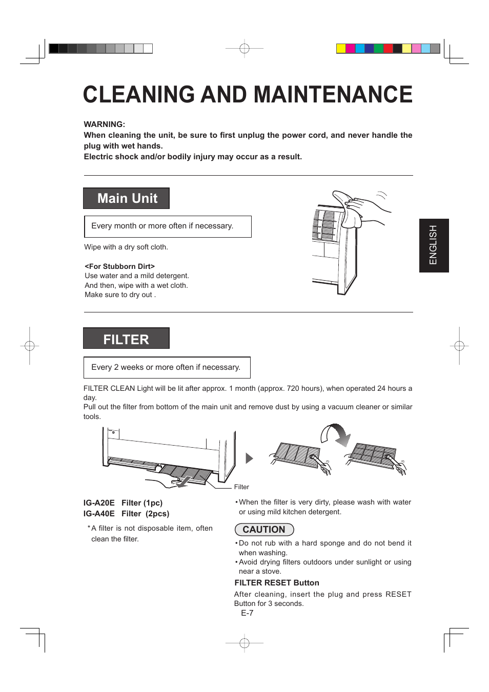 Cleaning and maintenance, Main unit, Filter | Sharp IG-A40E-W User Manual | Page 23 / 104