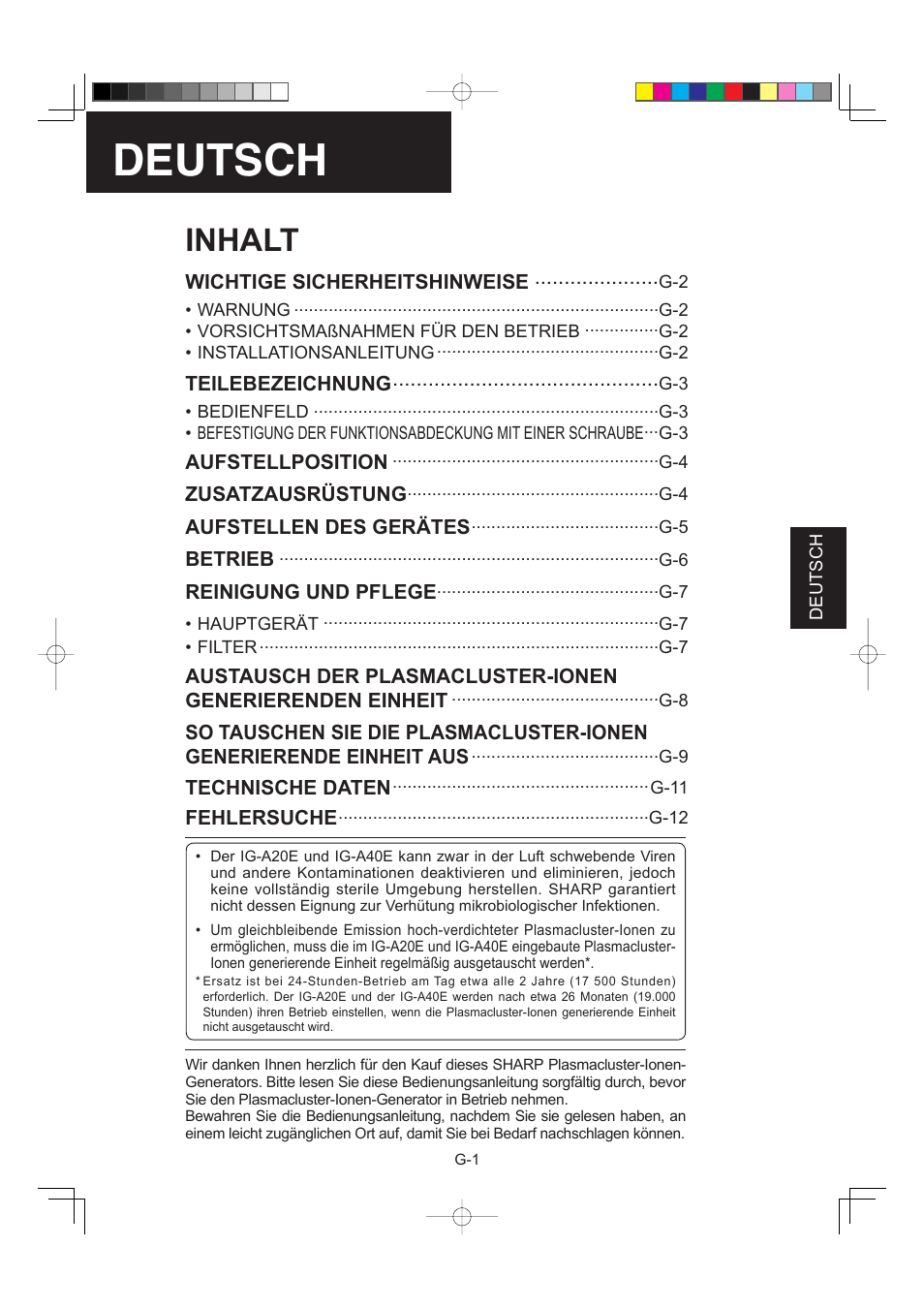 Deutsch, Inhalt | Sharp IG-A40E-W User Manual | Page 31 / 104