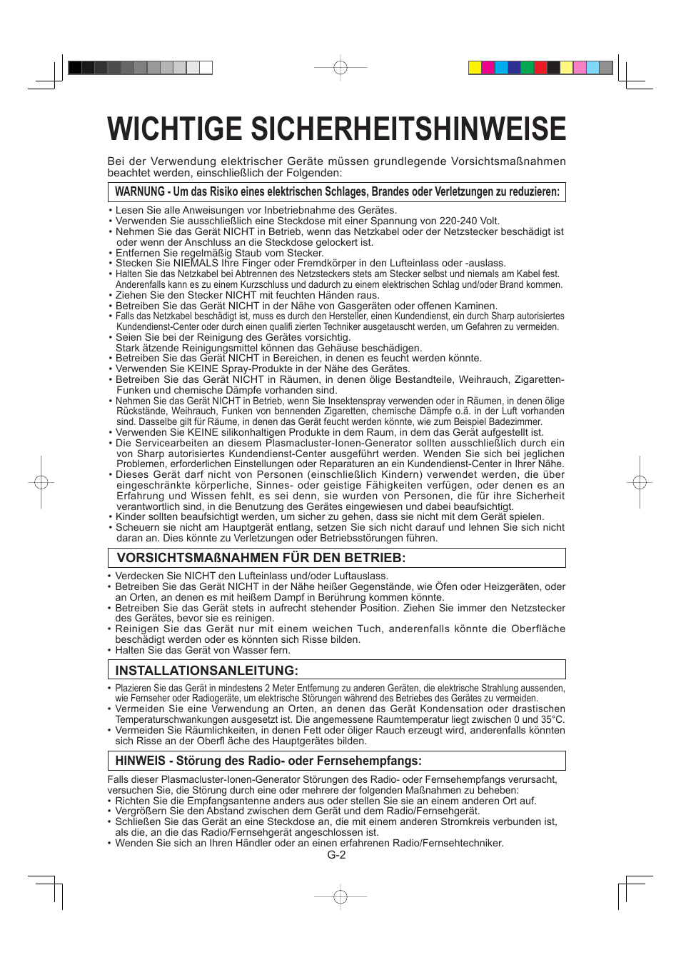 Wichtige sicherheitshinweise, Vorsichtsmaßnahmen für den betrieb, Installationsanleitung | Hinweis - störung des radio- oder fernsehempfangs | Sharp IG-A40E-W User Manual | Page 32 / 104