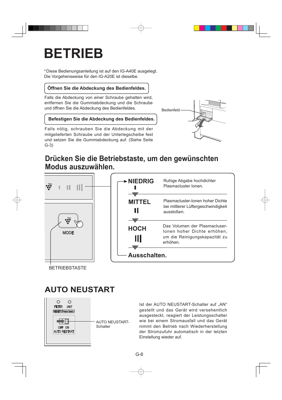 Betrieb, Auto neustart | Sharp IG-A40E-W User Manual | Page 36 / 104
