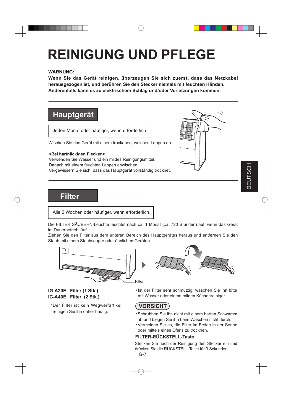 Reinigung und pflege, Hauptgerät, Filter | Sharp IG-A40E-W User Manual | Page 37 / 104