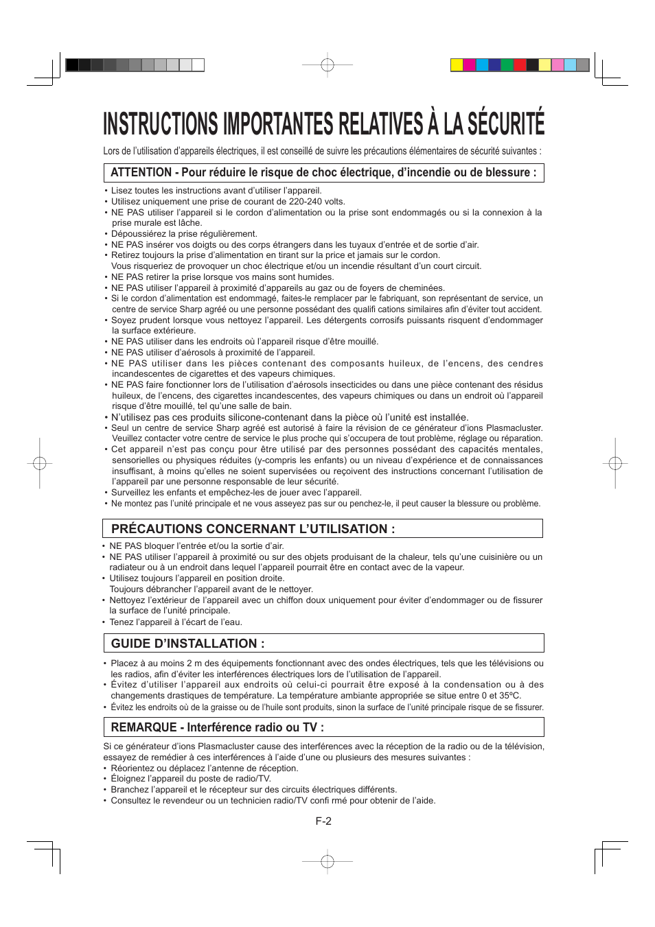 Instructions importantes relatives à la sécurité, Précautions concernant l’utilisation, Guide d’installation | Remarque - interférence radio ou tv | Sharp IG-A40E-W User Manual | Page 46 / 104