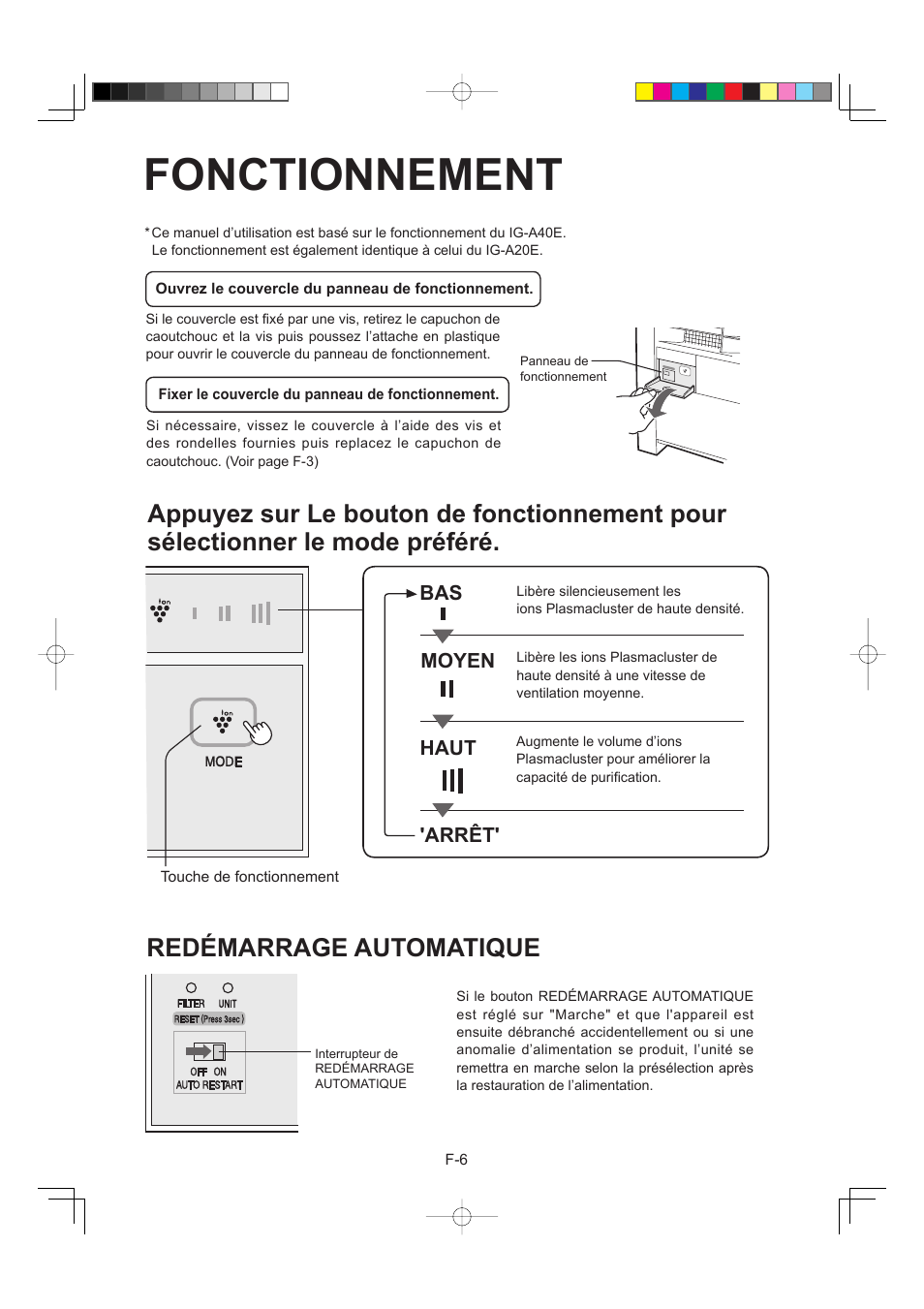 Fonctionnement, Redémarrage automatique | Sharp IG-A40E-W User Manual | Page 50 / 104
