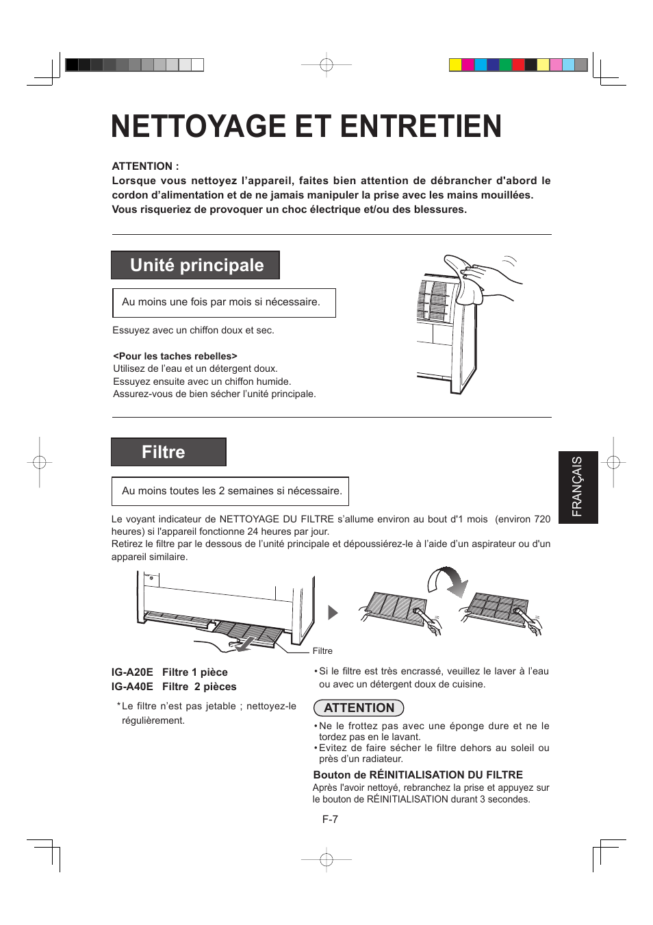 Nettoyage et entretien, Unité principale, Filtre | Sharp IG-A40E-W User Manual | Page 51 / 104