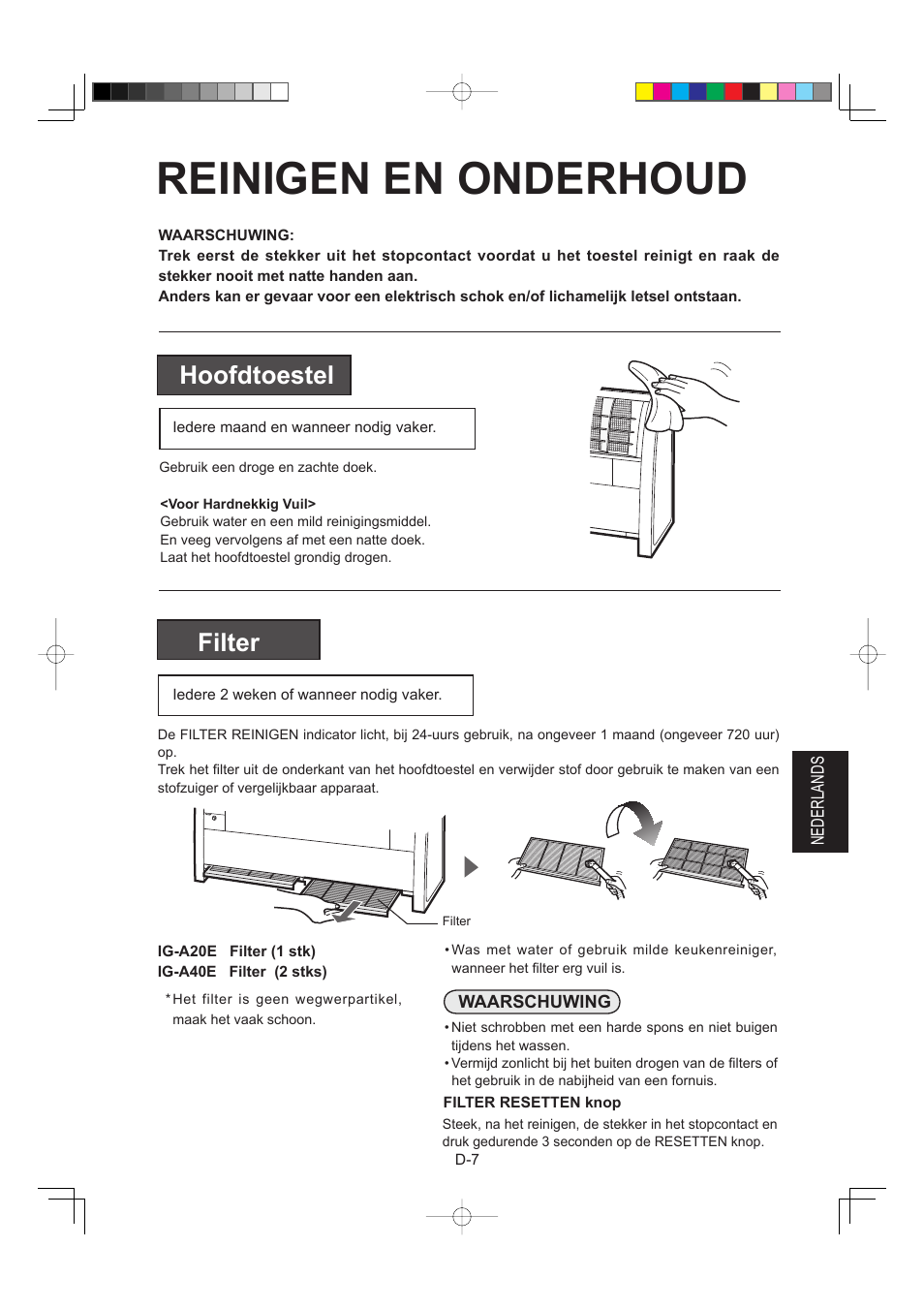 Reinigen en onderhoud, Hoofdtoestel, Filter | Sharp IG-A40E-W User Manual | Page 65 / 104