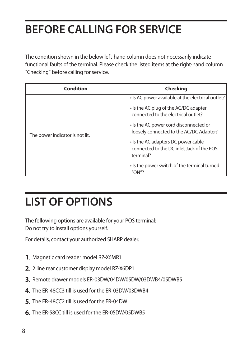 Before calling for service, List of options | Sharp RZ-X 650 User Manual | Page 10 / 40