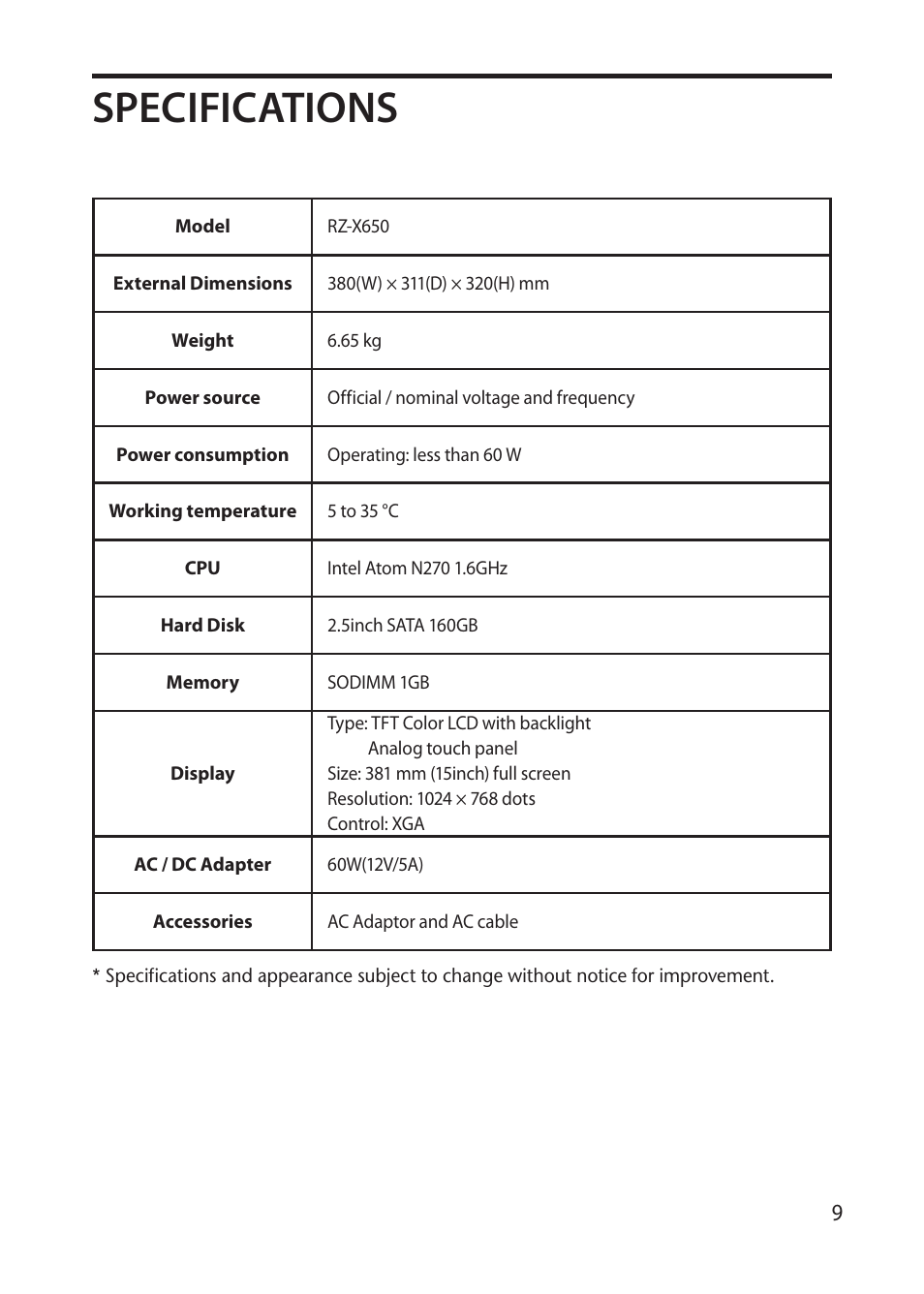 Specifications | Sharp RZ-X 650 User Manual | Page 11 / 40