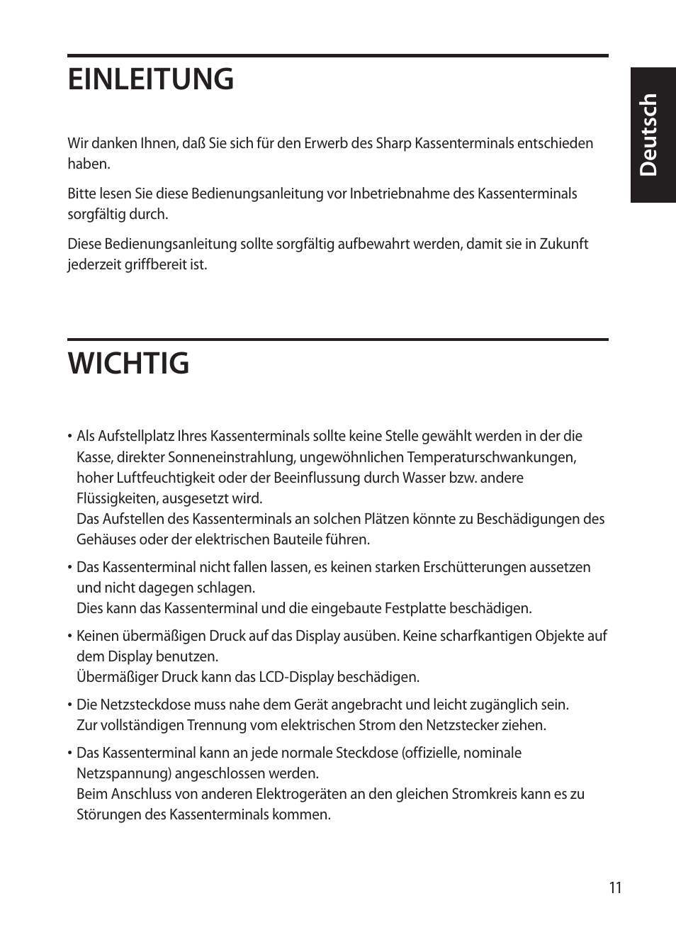 Einleitung wichtig, Deutsch | Sharp RZ-X 650 User Manual | Page 13 / 40