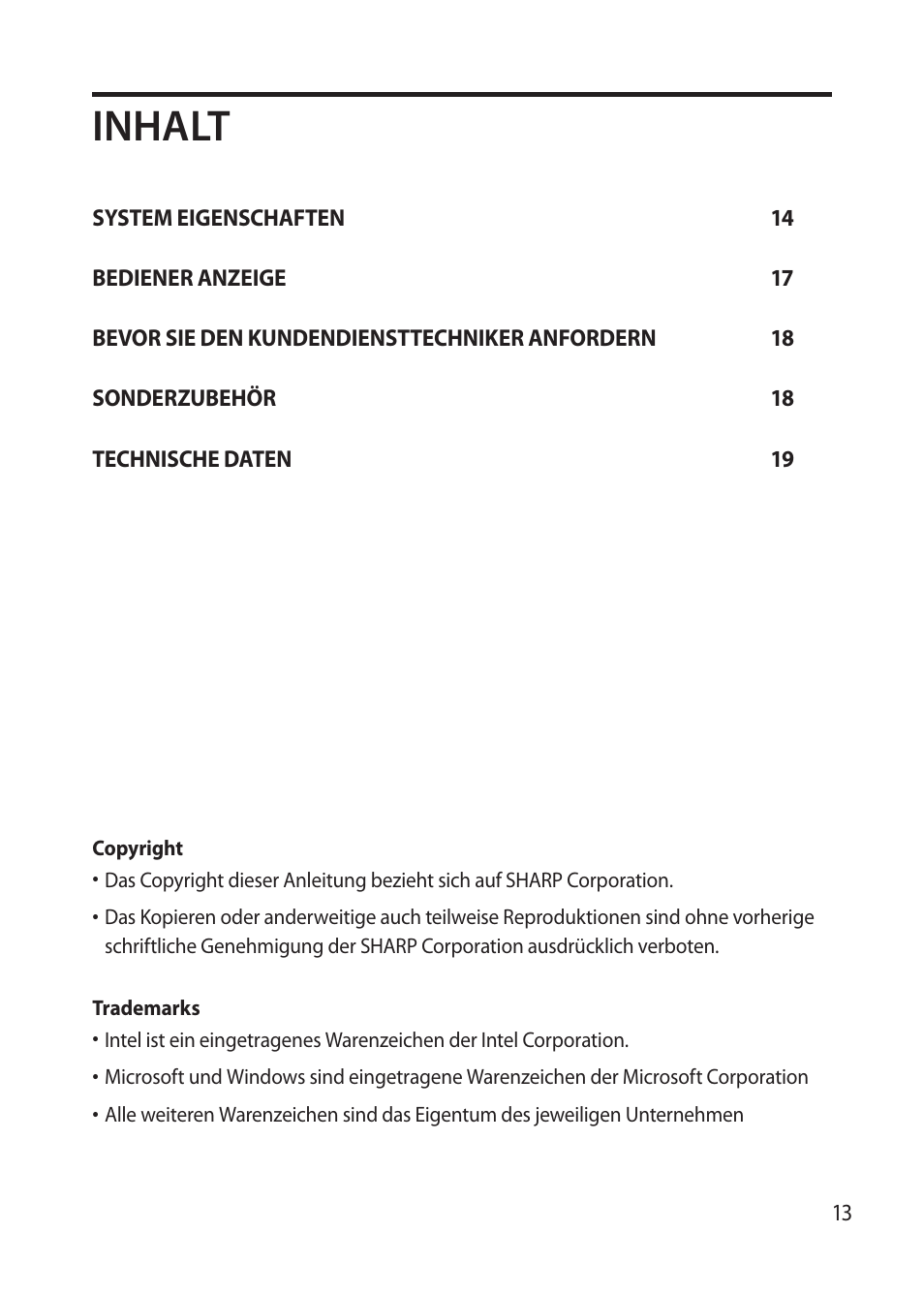 Inhalt | Sharp RZ-X 650 User Manual | Page 15 / 40