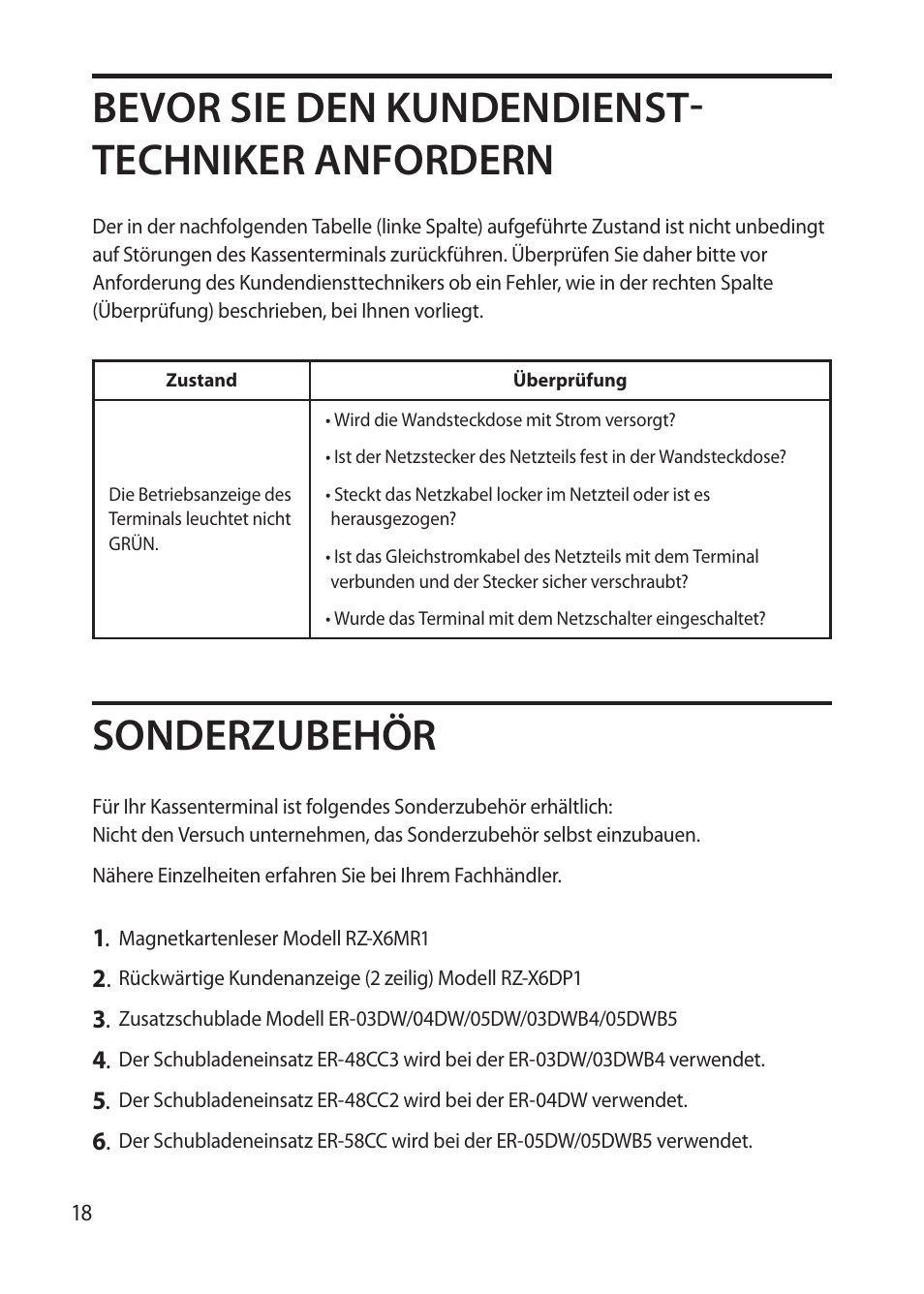 Bevor sie den kundendienst- techniker anfordern, Sonderzubehör | Sharp RZ-X 650 User Manual | Page 20 / 40