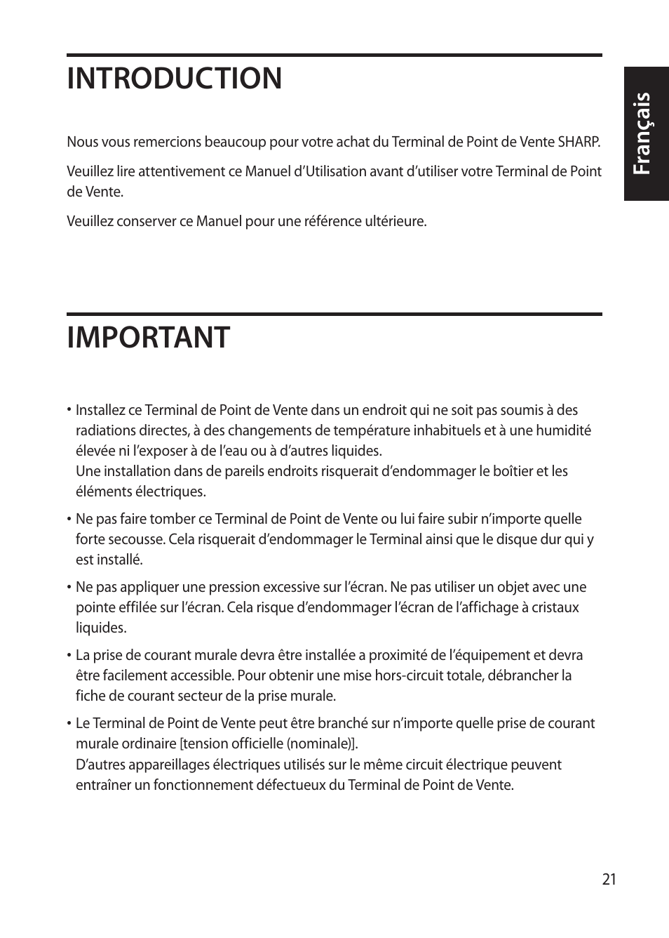 Introduction important, Fr ançais | Sharp RZ-X 650 User Manual | Page 23 / 40