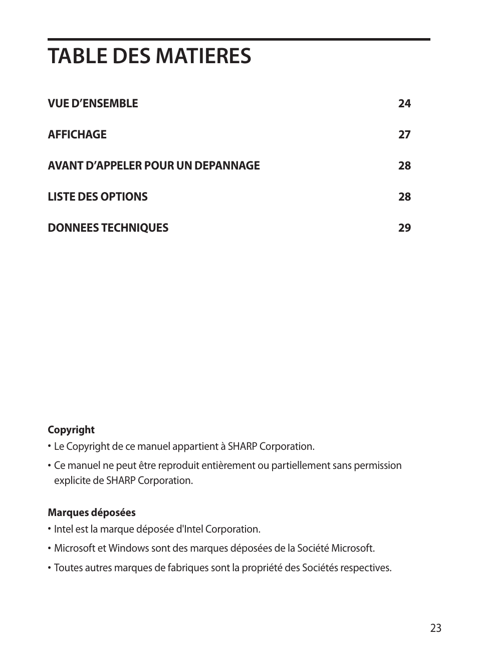 Table des matieres | Sharp RZ-X 650 User Manual | Page 25 / 40