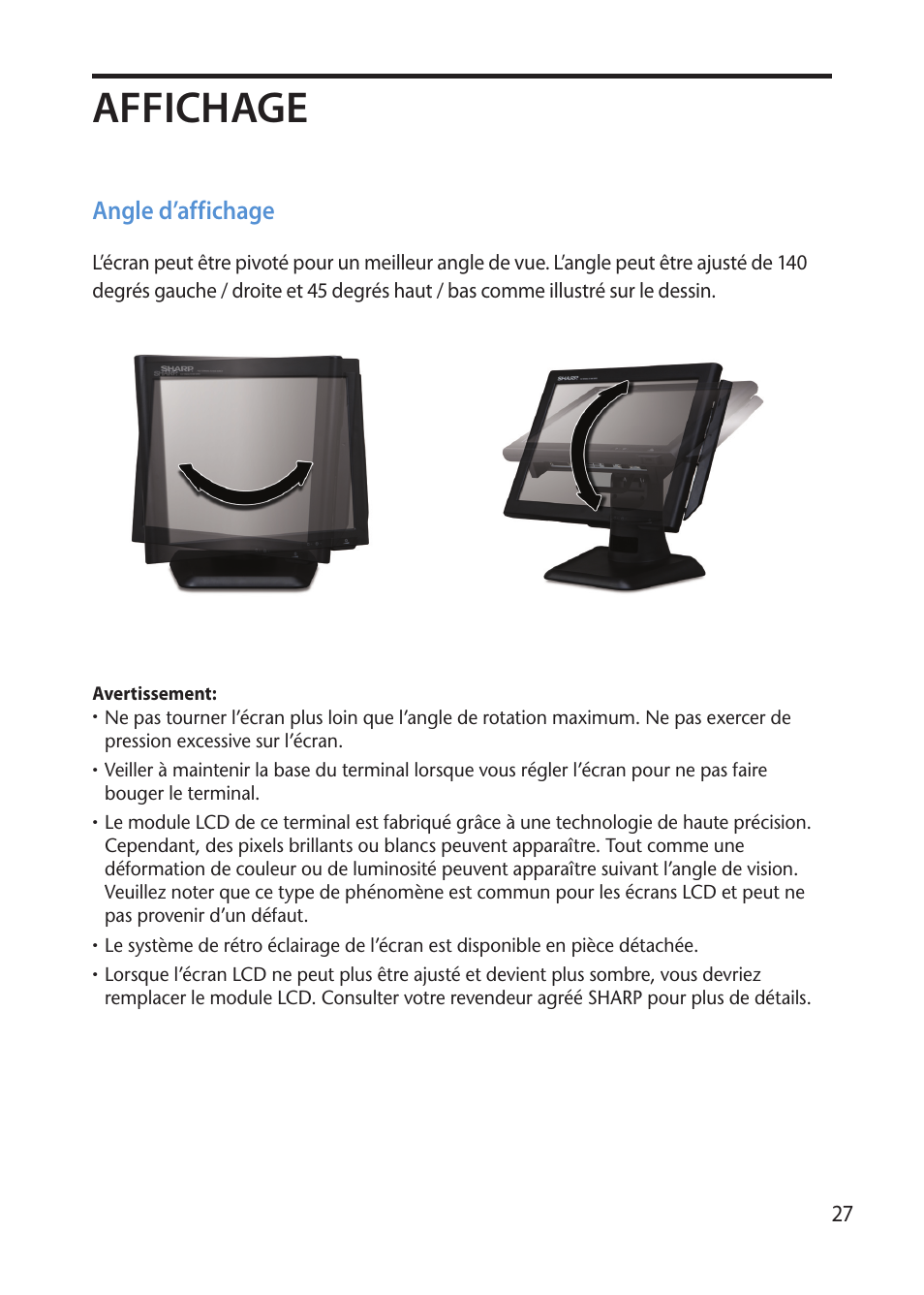 Affichage, Angle d’affichage | Sharp RZ-X 650 User Manual | Page 29 / 40