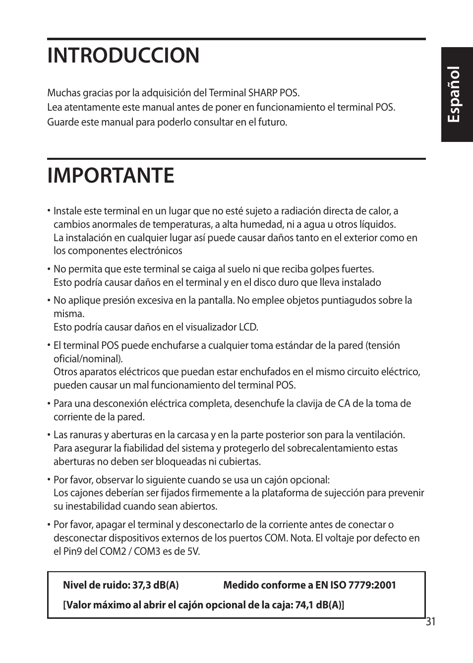 Introduccion importante, Español | Sharp RZ-X 650 User Manual | Page 33 / 40