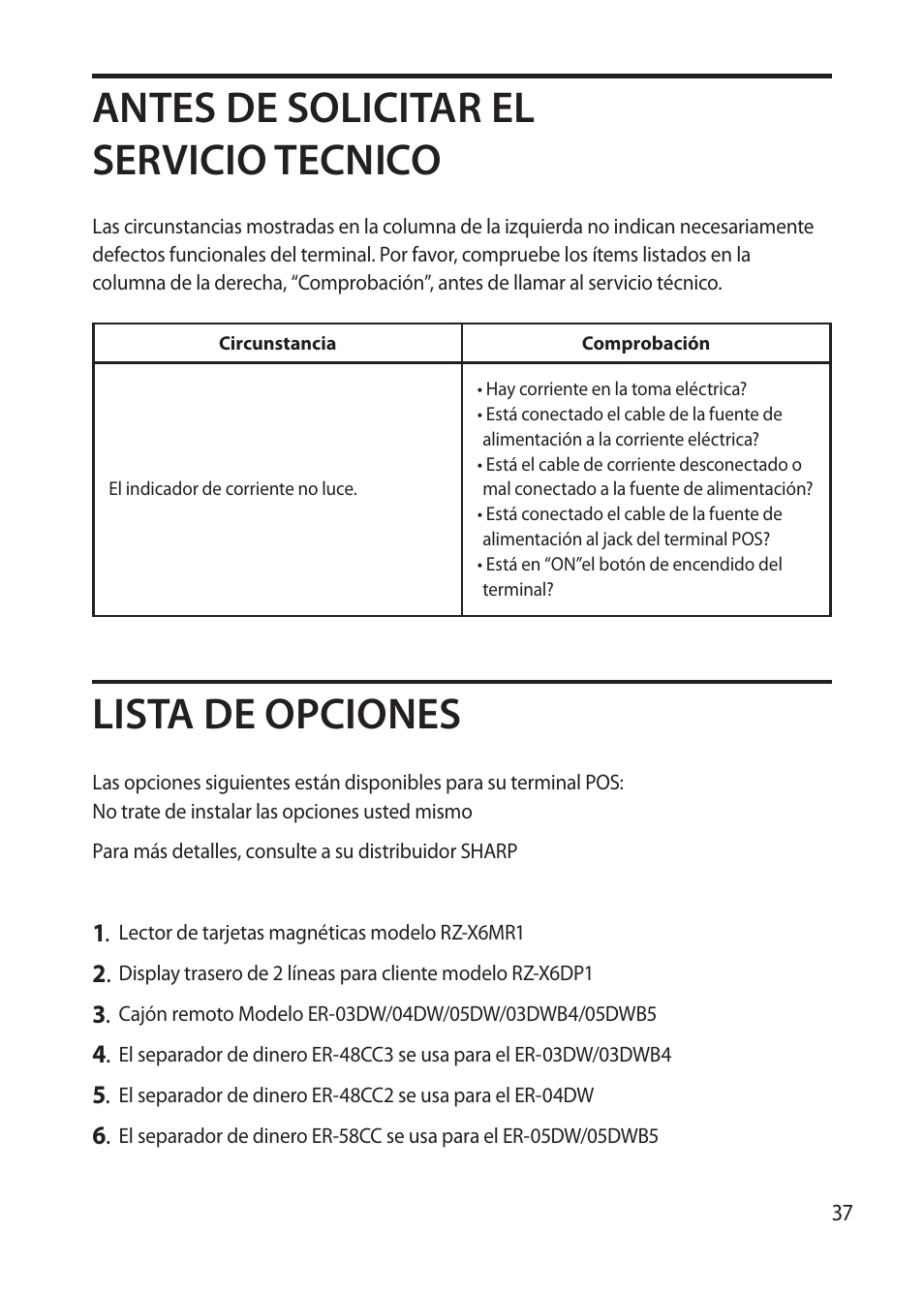 Antes de solicitar el servicio tecnico, Lista de opciones | Sharp RZ-X 650 User Manual | Page 39 / 40