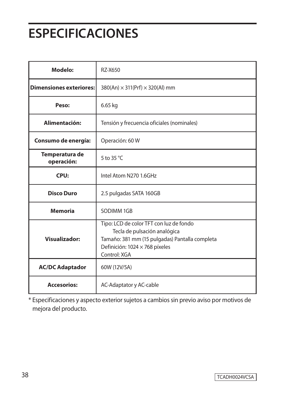 Especificaciones | Sharp RZ-X 650 User Manual | Page 40 / 40