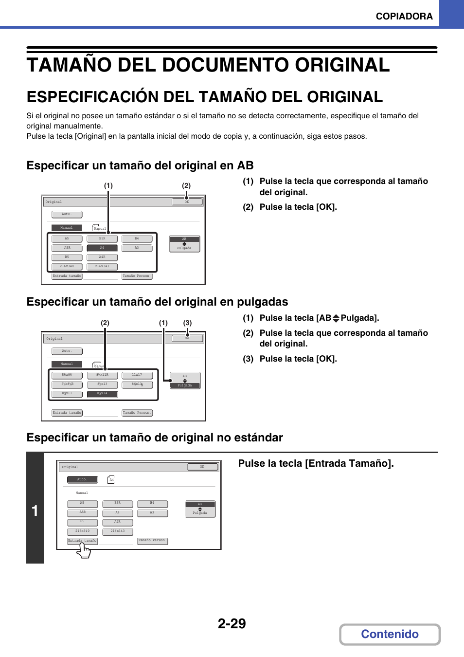 Especificación del tamaño del original, Adora, Especificación del tamaño | Del original, Ina 2-29), Tamaño del documento original -29, Especificación del tamaño del original -29, Tamaño del documento original, Tamaño del documento, Original | Sharp MX-2614N User Manual | Page 141 / 839