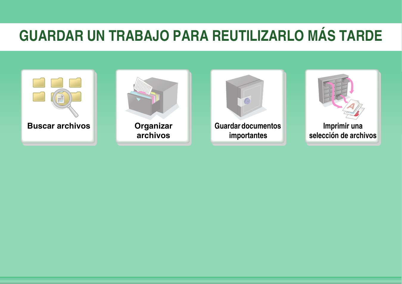 Guardar un, Trabajo para, Reutilizarlo | Más tarde, Guardar un trabajo para reutilizarlo más tarde | Sharp MX-2614N User Manual | Page 33 / 839