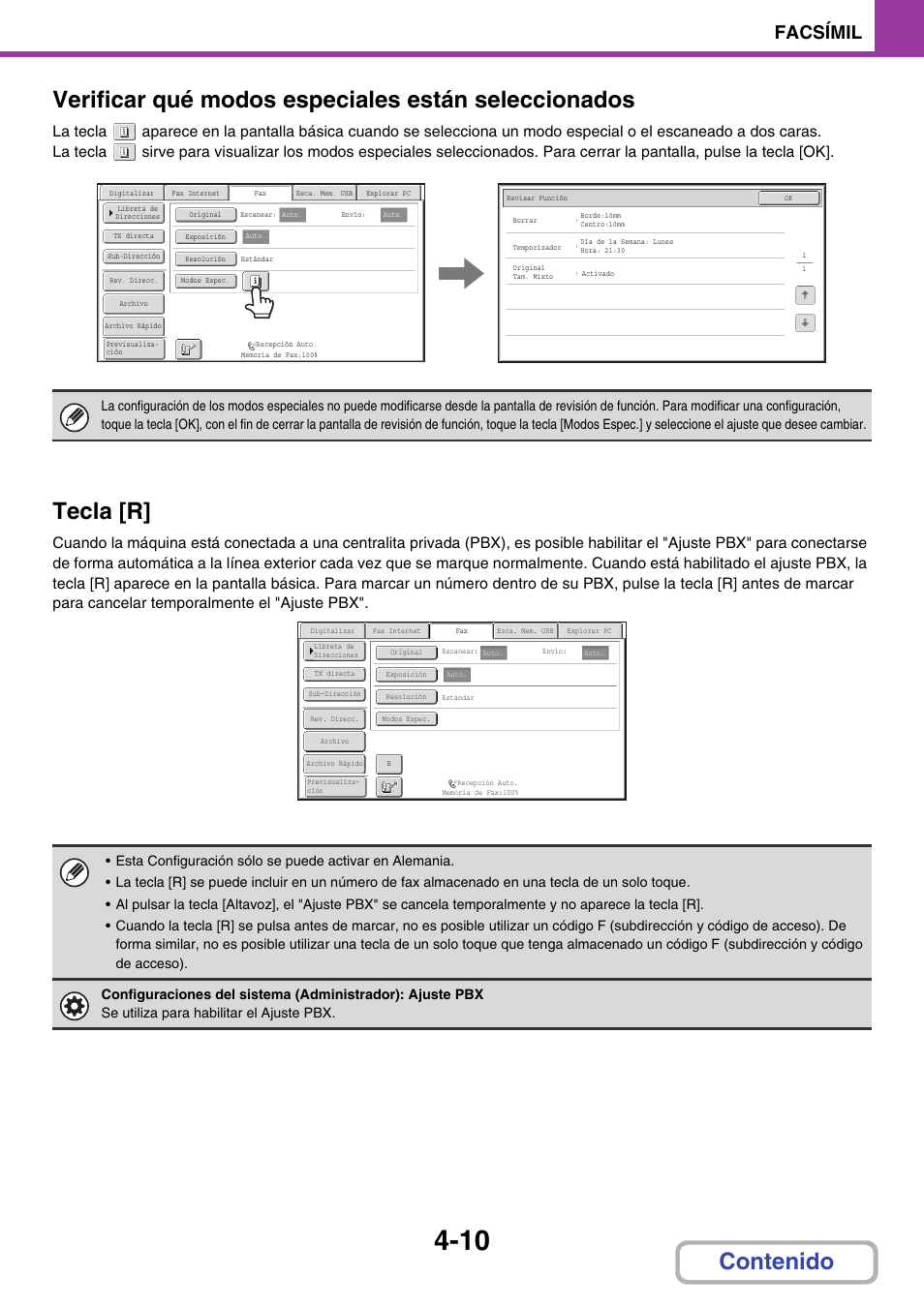 Verificar qué modos especiales están seleccionados, Tecla [r, Facsímil | Sharp MX-2614N User Manual | Page 357 / 839