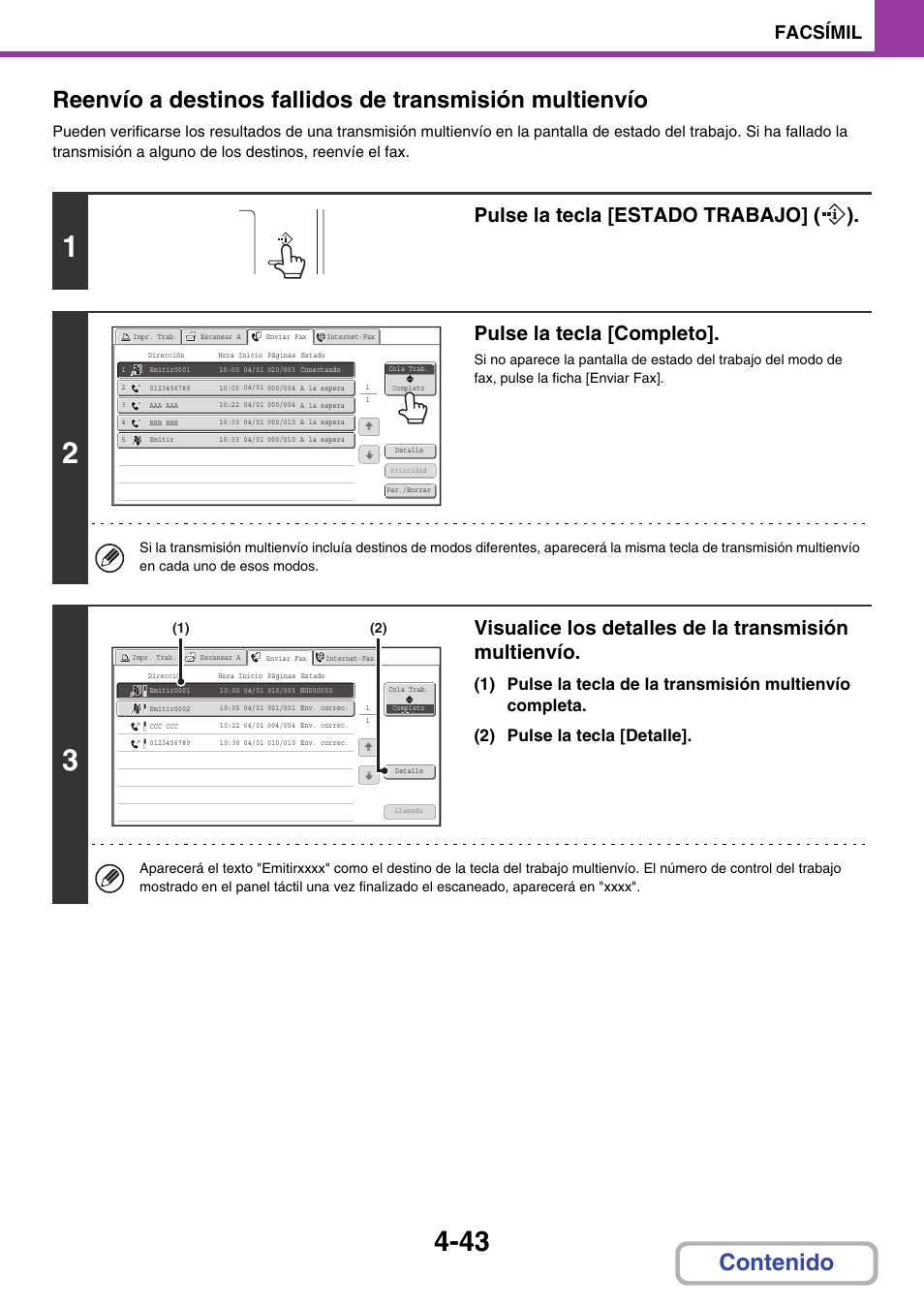 Pulse la tecla [estado trabajo] ( ), Pulse la tecla [completo, Facsímil | Sharp MX-2614N User Manual | Page 390 / 839