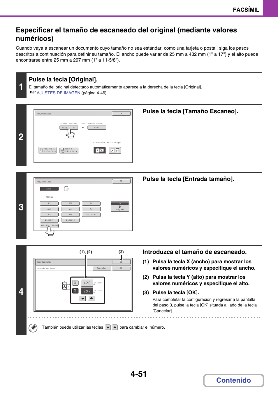 Pulse la tecla [original, Pulse la tecla [tamaño escaneo, Pulse la tecla [entrada tamaño | Introduzca el tamaño de escaneado, Facsímil | Sharp MX-2614N User Manual | Page 398 / 839