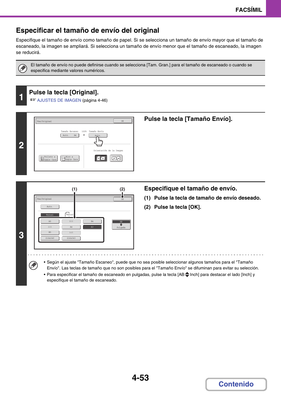 Pulse la tecla [original, Pulse la tecla [tamaño envío, Especifique el tamaño de envío | Facsímil | Sharp MX-2614N User Manual | Page 400 / 839
