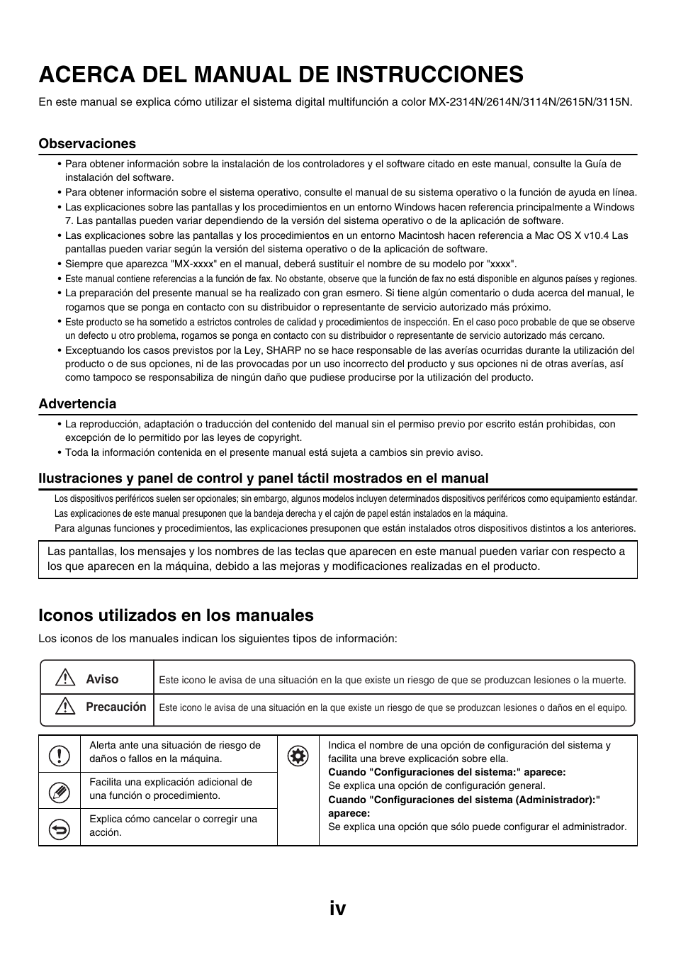 Acerca del manual de instrucciones, Iconos utilizados en los manuales | Sharp MX-2614N User Manual | Page 41 / 839