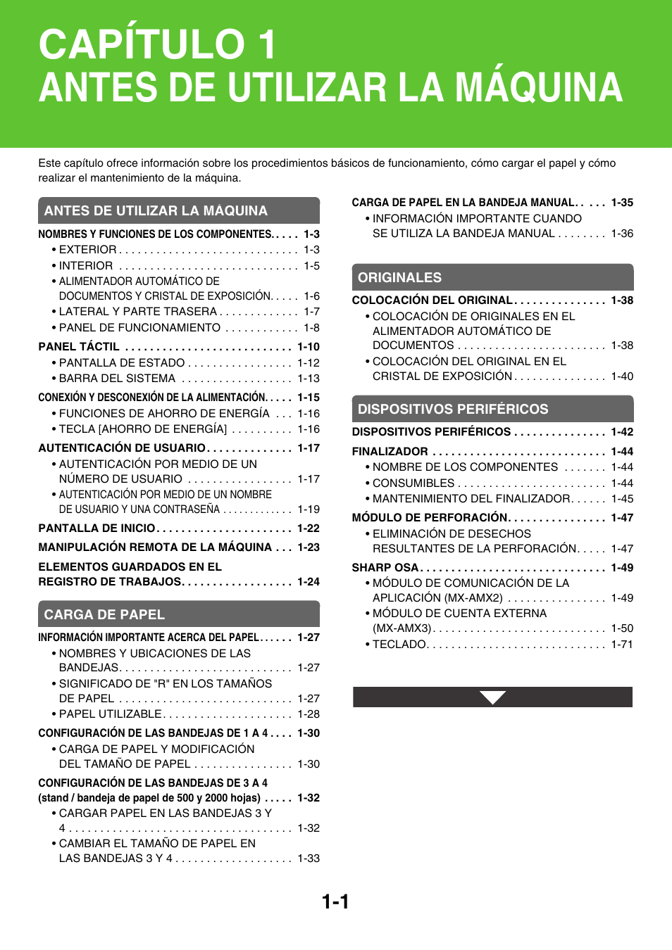 Antes de utilizar la máquina, Capítulo 1 antes de utilizar la máquina | Sharp MX-2614N User Manual | Page 42 / 839