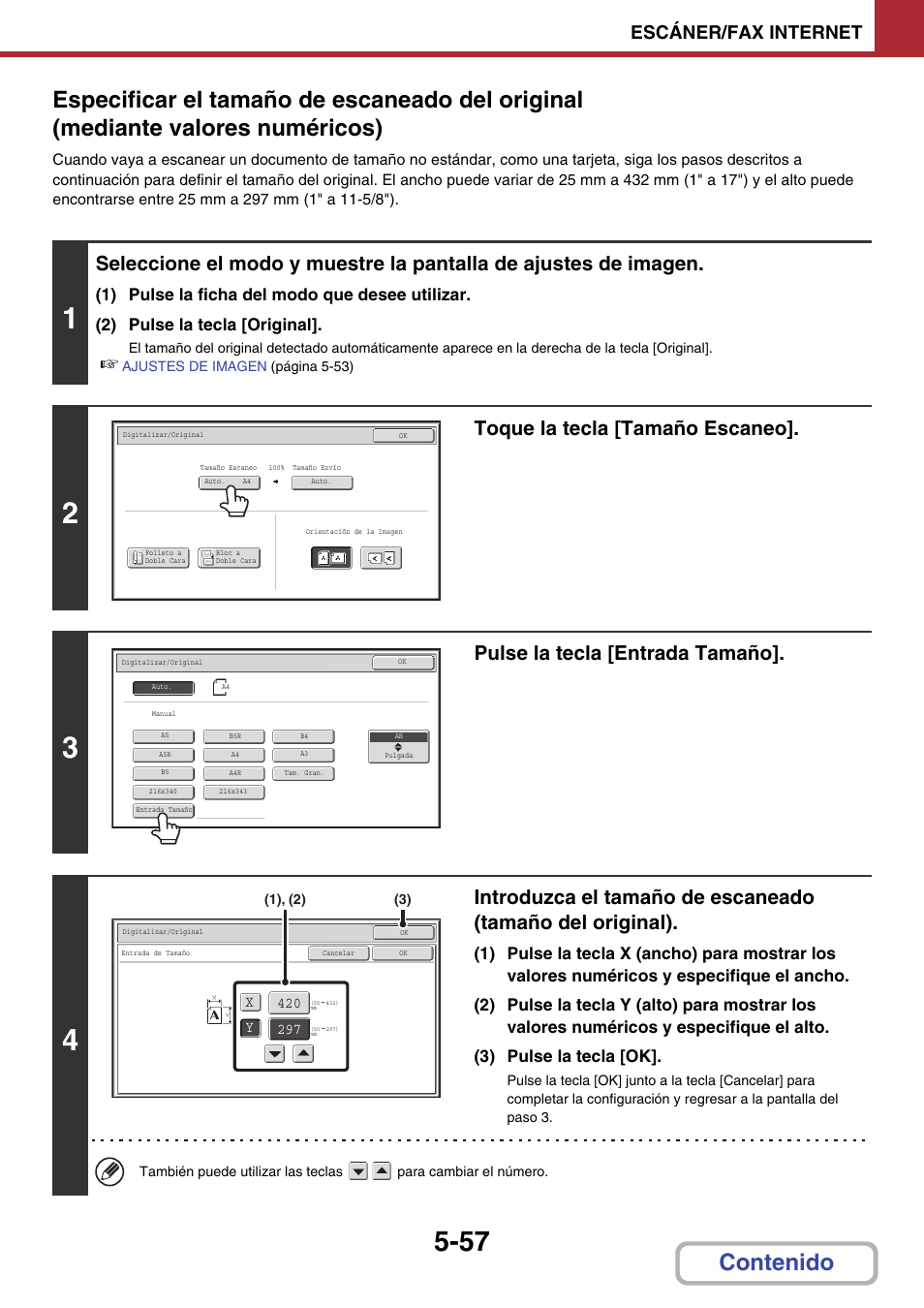 Toque la tecla [tamaño escaneo, Pulse la tecla [entrada tamaño, Escáner/fax internet | Sharp MX-2614N User Manual | Page 543 / 839