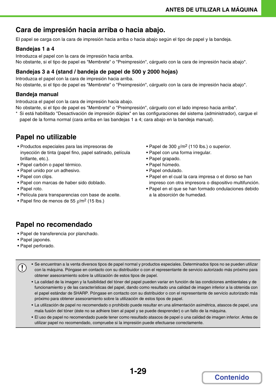 Papel no utilizable, Papel no recomendado | Sharp MX-2614N User Manual | Page 70 / 839