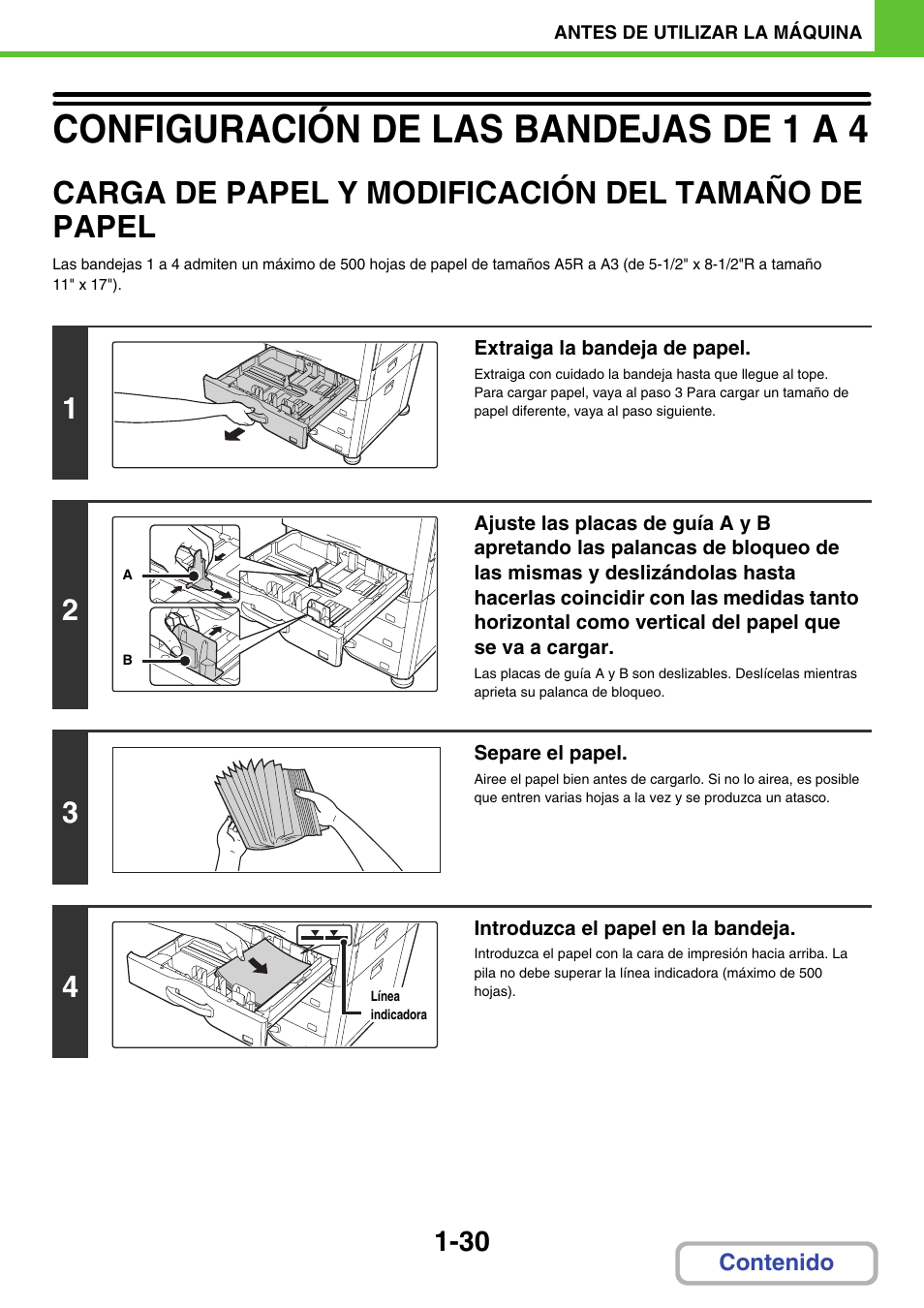 Configuración de las bandejas de 1 a 4 -30, Carga de papel y modificación, Del tamaño de papel -30 | Configuración de las bandejas de 1 a 4, A 1-30, A 1-30), Carga de papel y modificación del tamaño de papel | Sharp MX-2614N User Manual | Page 71 / 839