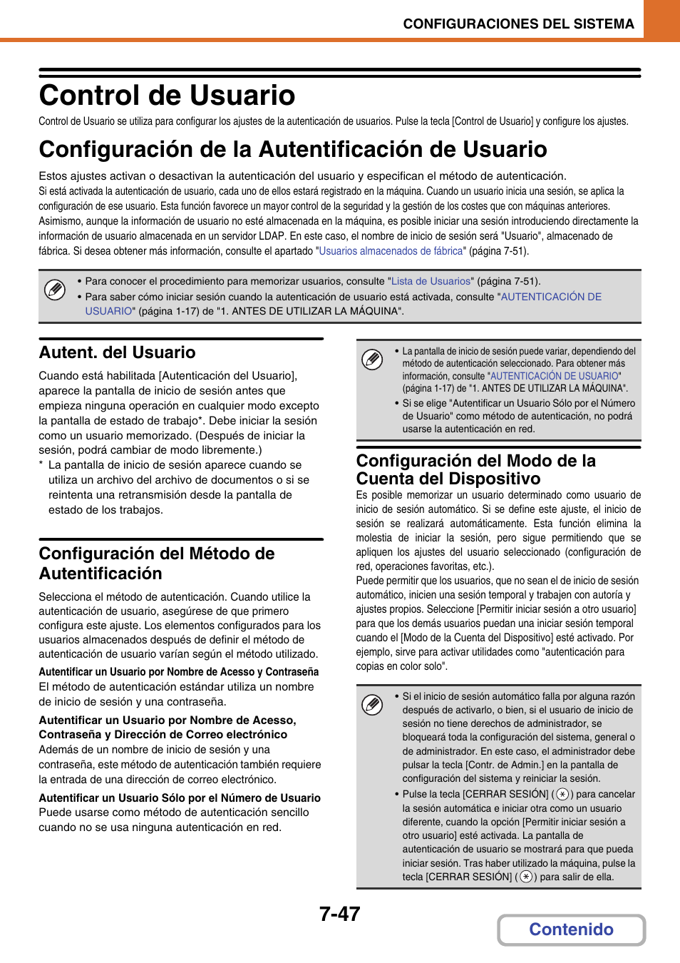 Control de usuario, A 7-47, Control de usuario -47 | Configuración de la autentificación de usuario -47, Configuración de la, Autentificación de usuario, Configuración de la autentificación de usuario, A 7-47), Autent. del usuario, Configuración del método de autentificación | Sharp MX-2614N User Manual | Page 718 / 839