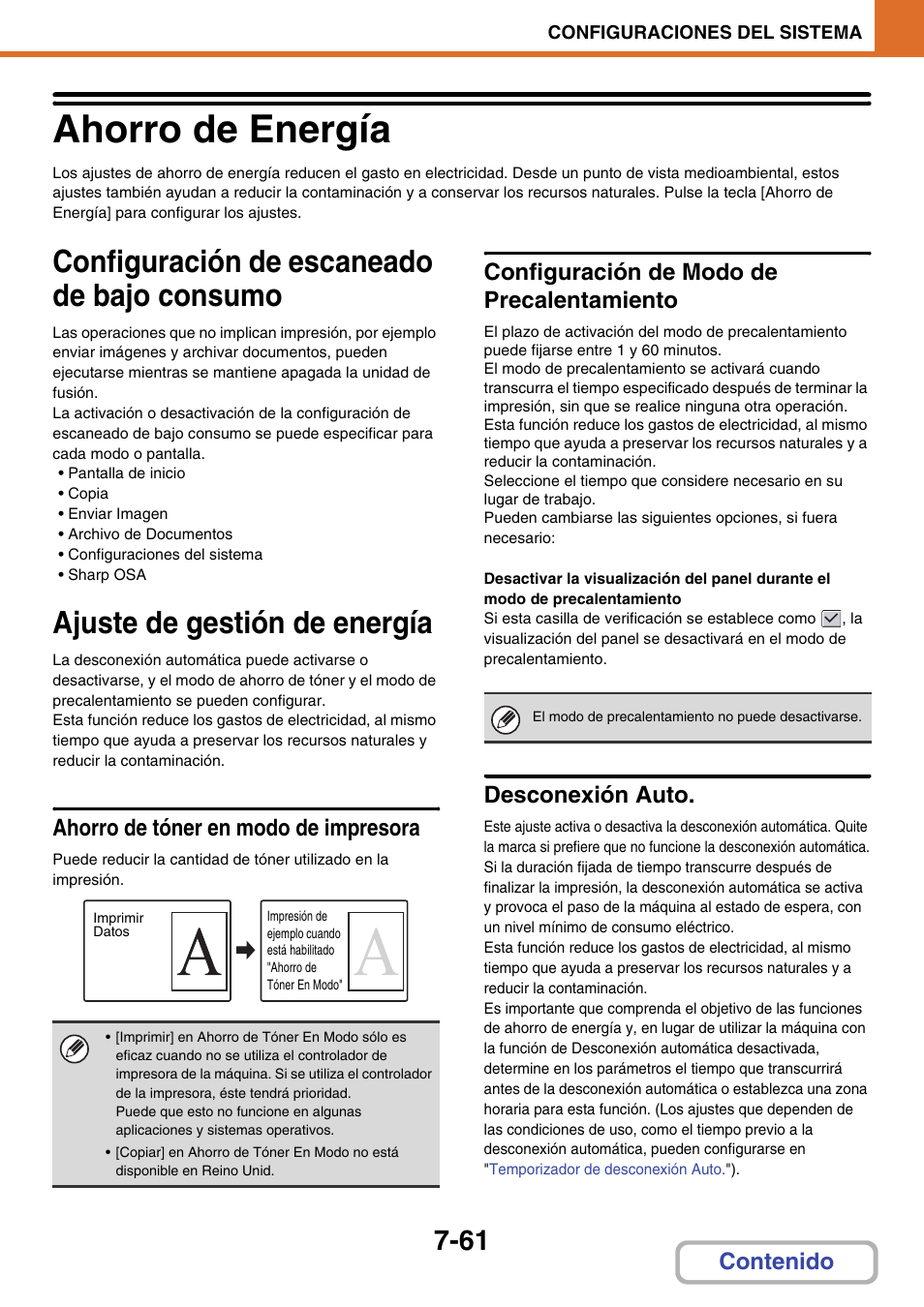 Ahorro de energía -61, Configuración de escaneado de bajo, Consumo -61 | Ajuste de gestión de energía -61, Ahorro de energía, Configuración de escaneado de bajo consumo, Ajuste de gestión de energía, Ahorro de tóner en modo de impresora, Configuración de modo de precalentamiento, Desconexión auto | Sharp MX-2614N User Manual | Page 732 / 839