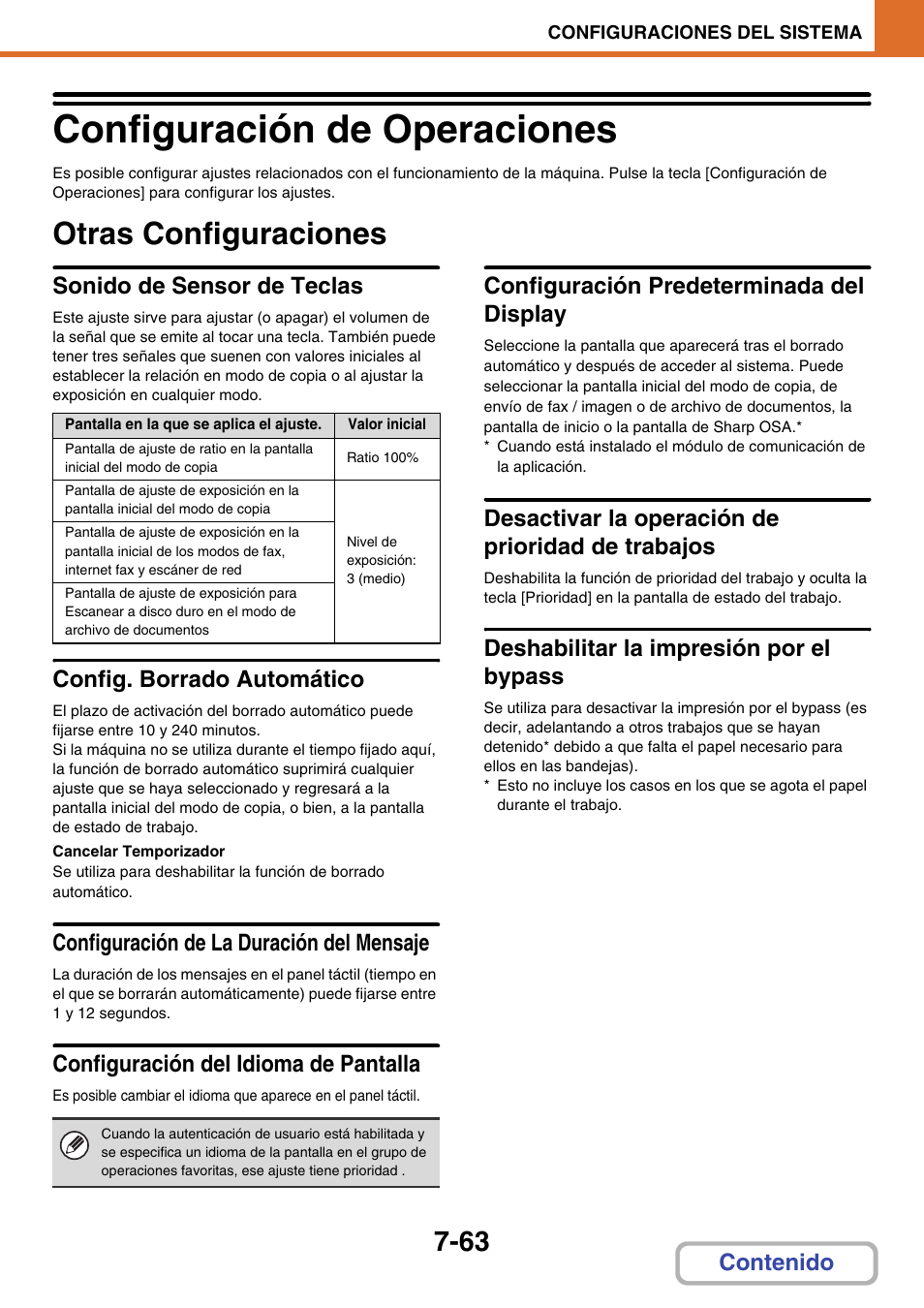 Configuración de operaciones -63, Otras configuraciones -63, Configuración de operaciones | Otras configuraciones, Sonido de sensor de teclas, Config. borrado automático, Configuración de la duración del mensaje, Configuración del idioma de pantalla, Configuración predeterminada del display, Desactivar la operación de prioridad de trabajos | Sharp MX-2614N User Manual | Page 734 / 839