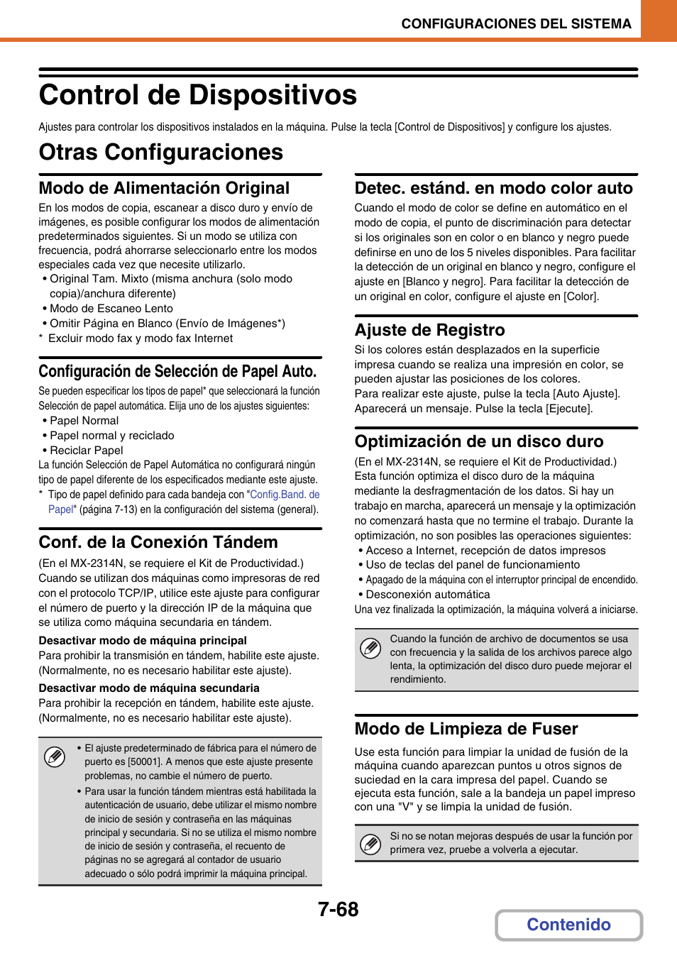 Control de dispositivos -68, Otras configuraciones -68, Control de dispositivos | Otras configuraciones, Modo de alimentación original, Configuración de selección de papel auto, Conf. de la conexión tándem, Detec. estánd. en modo color auto, Ajuste de registro, Optimización de un disco duro | Sharp MX-2614N User Manual | Page 739 / 839