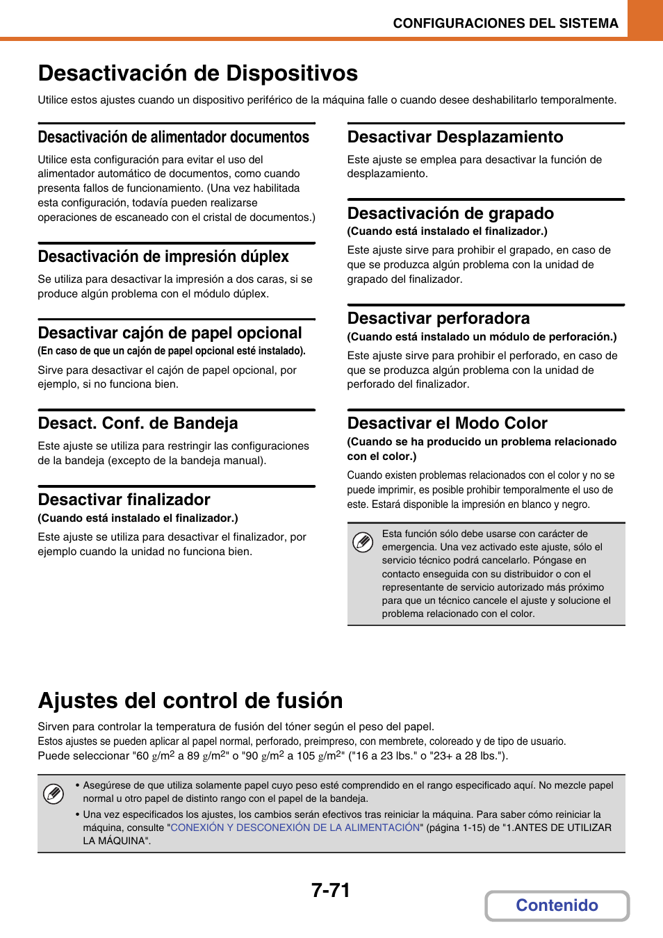 Desactivación de dispositivos -71, Ajustes del control de fusión -71, Desact. conf. de bandeja | Desactivación de dispositivos, Desactivación de alimentador documentos, Desactivación de impresión dúplex, Desactivar cajón de papel opcional, Desactivar finalizador, Desactivar desplazamiento, Desactivación de grapado | Sharp MX-2614N User Manual | Page 742 / 839