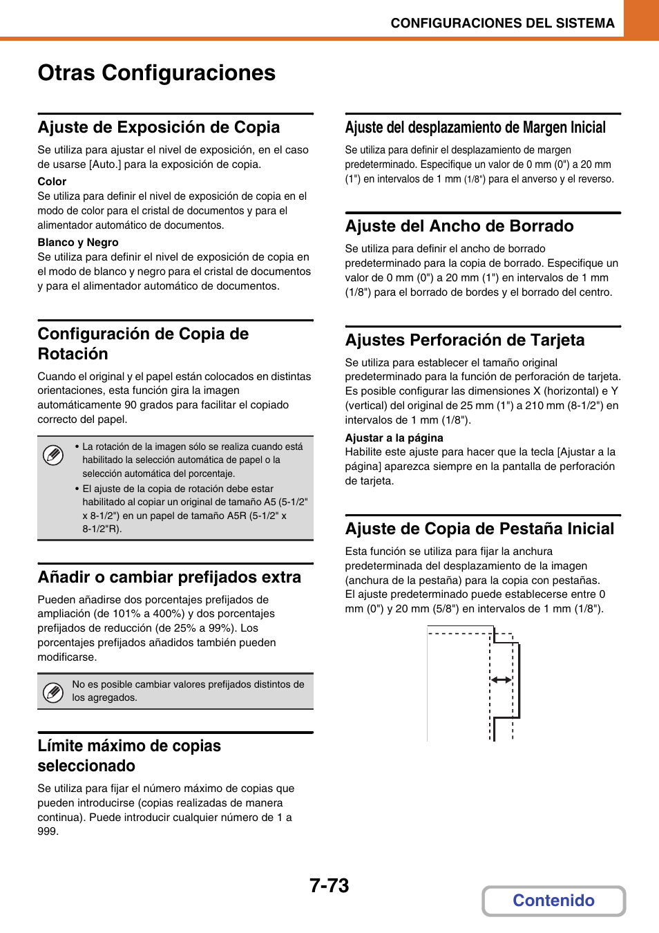 Otras configuraciones -73, Otras configuraciones, Ajuste de exposición de copia | Configuración de copia de rotación, Añadir o cambiar prefijados extra, Límite máximo de copias seleccionado, Ajuste del desplazamiento de margen inicial, Ajuste del ancho de borrado, Ajustes perforación de tarjeta, Ajuste de copia de pestaña inicial | Sharp MX-2614N User Manual | Page 744 / 839