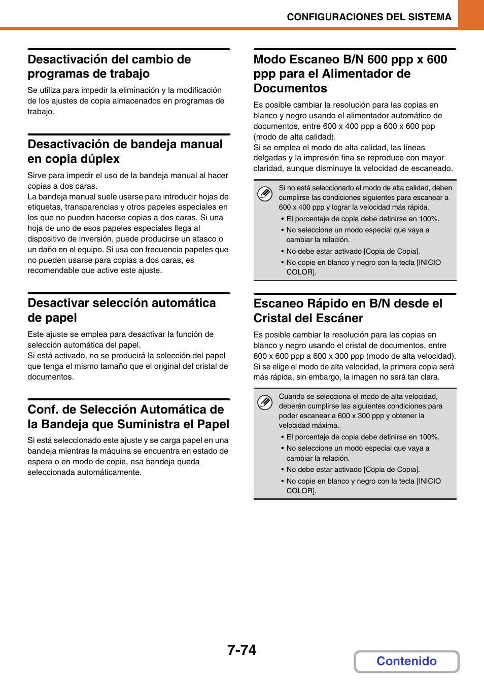 Desactivación del cambio de programas de trabajo, Desactivación de bandeja manual en copia dúplex, Desactivar selección automática de papel | Escaneo rápido en b/n desde el cristal del escáner | Sharp MX-2614N User Manual | Page 745 / 839