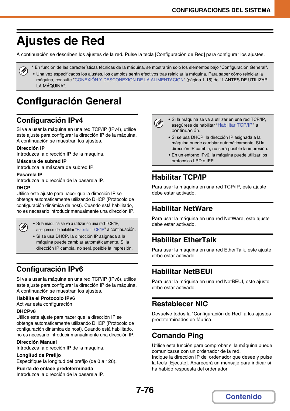 Ajustes de red -76, Configuración general -76, Ajustes de red | Configuración general, Configuración ipv4, Configuración ipv6, Habilitar tcp/ip, Habilitar netware, Habilitar ethertalk, Habilitar netbeui | Sharp MX-2614N User Manual | Page 747 / 839