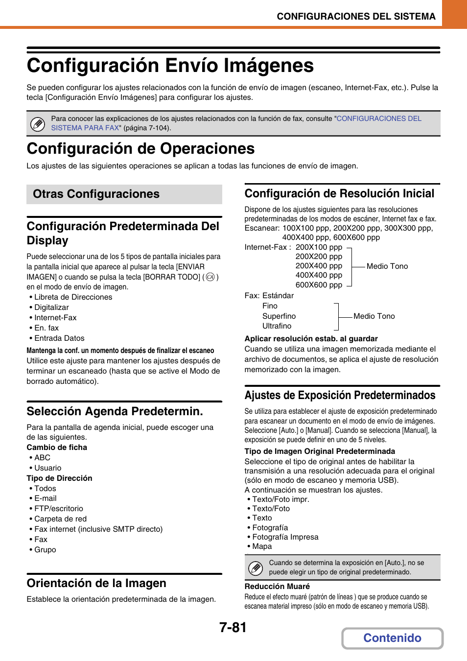 Configuración envío imágenes -81, Configuración de operaciones -81, Configuración envío imágenes | Configuración de operaciones, Otras configuraciones, Configuración predeterminada del display, Selección agenda predetermin, Orientación de la imagen, Configuración de resolución inicial, Ajustes de exposición predeterminados | Sharp MX-2614N User Manual | Page 752 / 839