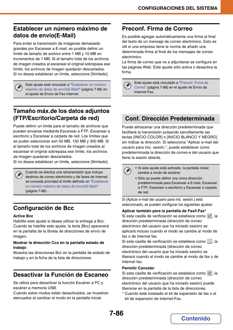 Conf. dirección predeterminada, Configuración de bcc, Desactivar la función de escaneo | Preconf. firma de correo | Sharp MX-2614N User Manual | Page 757 / 839