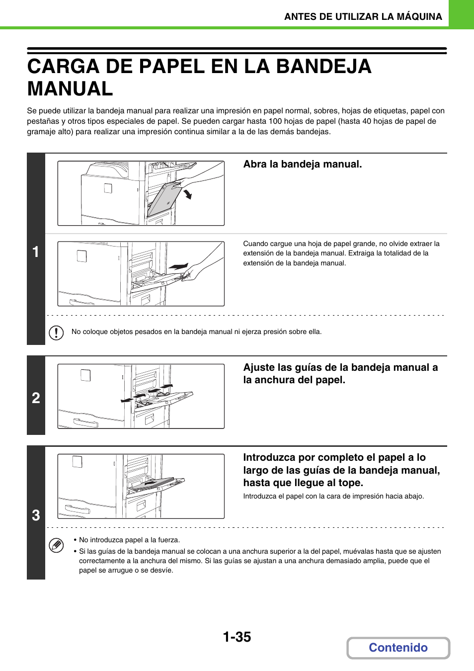 Carga de papel en la bandeja manual -35, Carga de papel en la bandeja manual | Sharp MX-2614N User Manual | Page 76 / 839