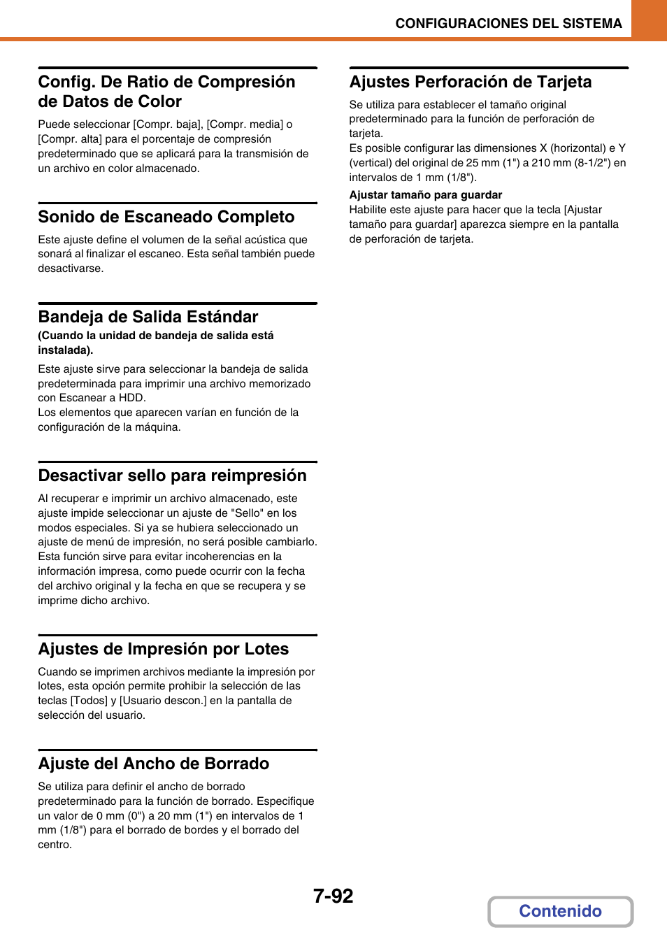 Config. de ratio de compresión de datos de color, Sonido de escaneado completo, Bandeja de salida estándar | Desactivar sello para reimpresión, Ajustes de impresión por lotes, Ajuste del ancho de borrado, Ajustes perforación de tarjeta | Sharp MX-2614N User Manual | Page 763 / 839